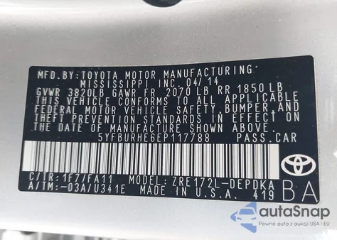 2014 Toyota Corolla L z USA, uszkodzony, nr VIN 5YFBURHE6EP117788